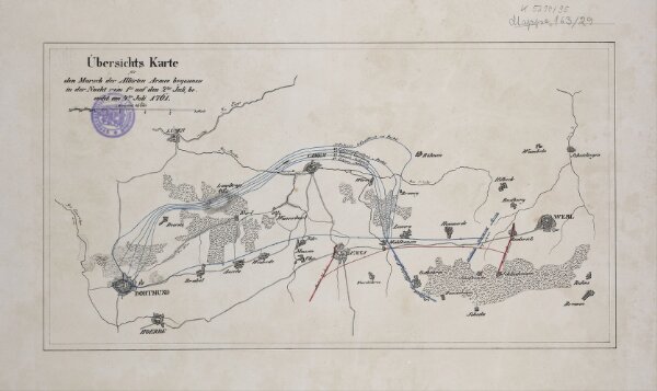 Übersichts Karte für den Marsch der Aliirten Armee, begonnen in der Nacht vom 1ten auf den 2ten Juli, beendet am 4ten Juli 1761