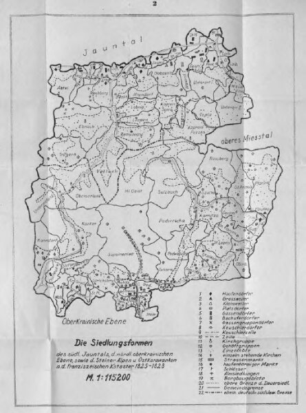 Die Siedlungsformen des südlichen Jauntals, der nördlichen oberkrainischen Ebene, sowie der Steiner Alpen und Ost Karawanken, n.d. Franziszeischen Kataster 1825-1828