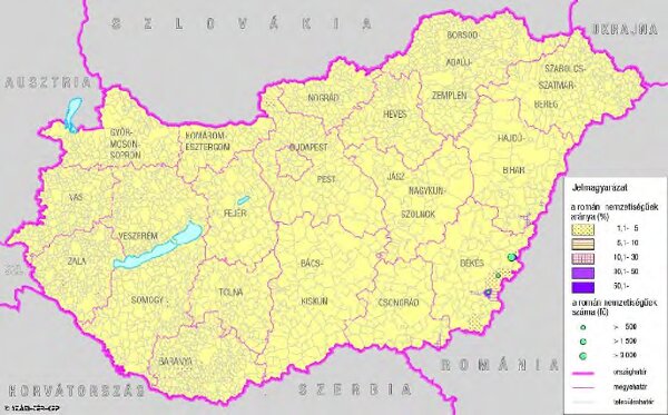 A románok száma és aránya Magyarország területén 1990-ben