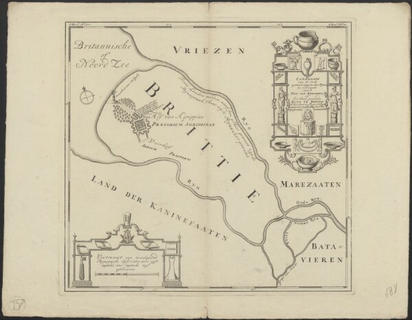 Landkaart van de oude uytwateringen des Ryns ter wederzyde van 't Hof van Agrippina, of het t'hans genaamde Huys te Britte: de vuurboet van keyzer Caligula mitsgaders de afbeelding der in het zelfve gevondene zeldsaamheden.