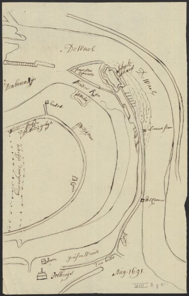 [Manuscript map of the river situation near Schenkenschans and Bijlandsche Waard]