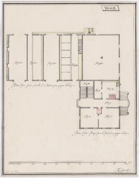 Unbekannte Gemeinde: Unbekanntes Gebäude, Scheune mit Stallungen und 1. Stock einer Behausung; Grundriss (Tabula II)
