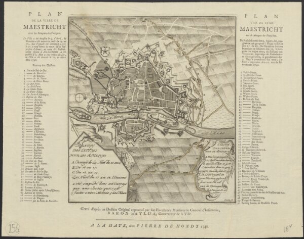 Plan de la ville de Maestricht avec les attaques des François = Plan van de stad Maestricht met de attaques der Franschen