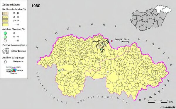 Siedlungsgebiet der Slowaken nach dem Nachbarschaftsindex für Nordost-Ungarn 1980
