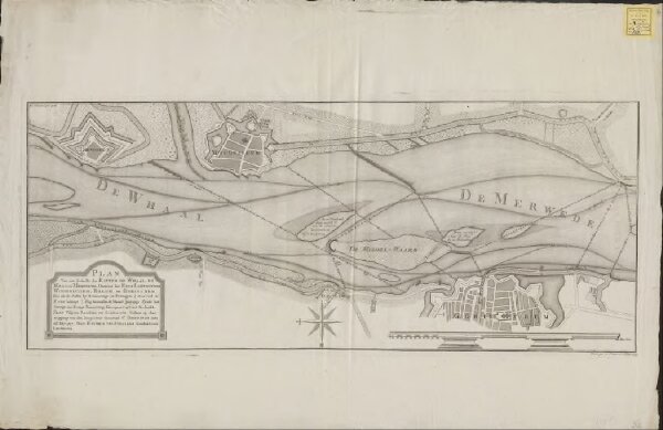 Plan van een gedeelte der rivier de Whaal, de Maas, en Merwede, omtrent het Fort Loevestein, Woudrichem, Dalem, en Gorinchem. Zoo als de zelve bij hermeetinge en peilingen (zoo veel de rivier belangt) zig bevond in de maand Juny 1777 ...