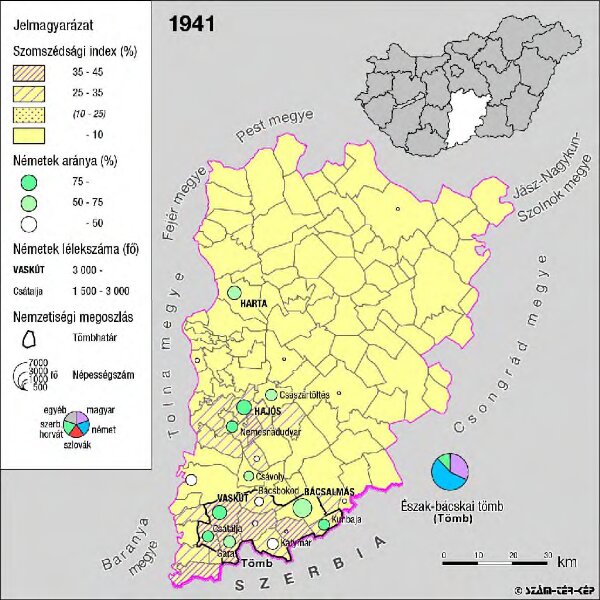 A németek településterülete a szomszédsági mutató alapján Bács-Kiskun megyében 1941-ban