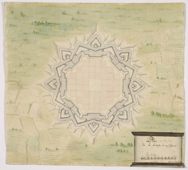 HZAN GA 100_Nr. 866_ : Breisach; "Plan de la Fortresse du Neuf Brisach";Fecit G.A.C. de Erbac;100 Schritt = 5,5 cm;28,5 x 26,5 cm;Papier; Wasserfarben; Darstellung der Redoute verschieden farbig; ohne Beschriftung.