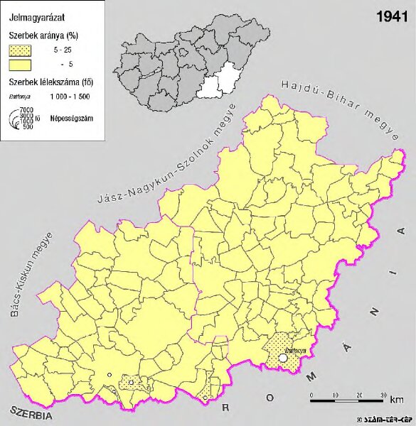 A szerbek aránya és száma a Dél-Alföldön 1941-ben