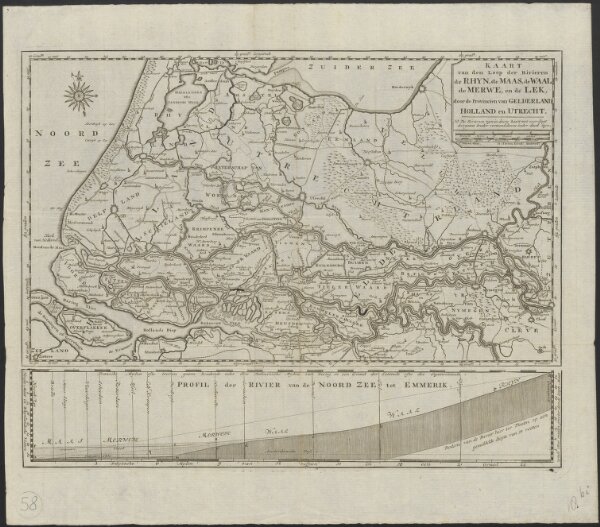Kaart van den loop der rivieren de Rhijn, de Maas, de Waal, de Merwe, en de Lek, door de provincien van Gelderland, Holland en Utrecht