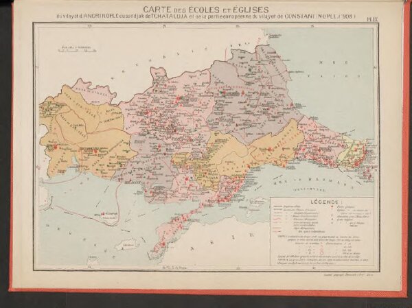 Carte des écoles et églises du vilayet d'Andrinople du sandjak de Tchataldja et de la partie européenne du vilayet de Constantinople (1908)