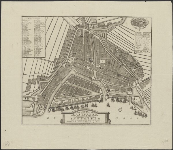 Nieuwe platte grond vande stad Rotterdam geleegen aande rivieren de Maase en de Rotte = Plan nouveau de la ville de Rotterdam située sur les rivieres de la Meuse et de la Rotte.