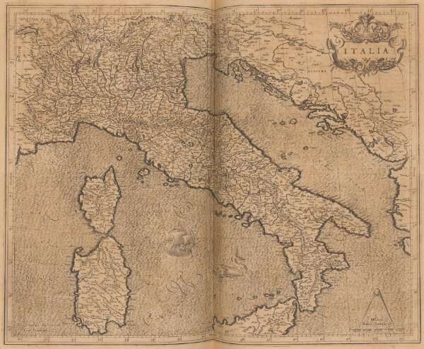 Italia [Karte], in: Gerardi Mercatoris Atlas, sive, Cosmographicae meditationes de fabrica mundi et fabricati figura, S. 425.