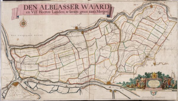 Den Alblasser Waard en Vyf Heeren Landen, te samen groot 33110 mergen / nieulycx uytgegeven door Abel de Vries ; B. Stoopendal scul.