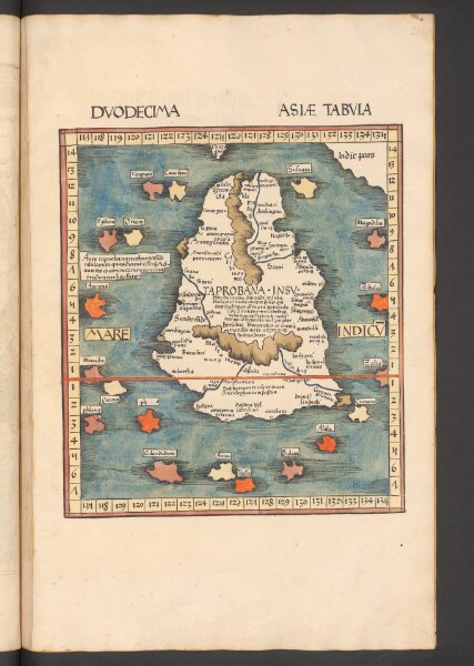 Duodecima Asiae Tabula [Taprobana] [Karte], in: Claudii Ptolemei viri Alexandrini mathematice discipline philosophi doctissimi geographie opus [...], S. 225.