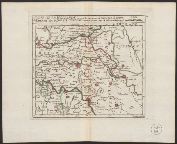 Carte de la Hollande où sont les environs de Nimegue, de Grave, d'Arnhem dans le Dche. de Gueldre