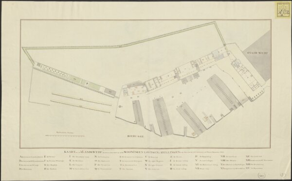 Kaart van de 's Landswerf benevens al de daar op zijnde wooningen, lootsen en hellingen &&, zoo als zich het vertoonde in de maand September 1800.
