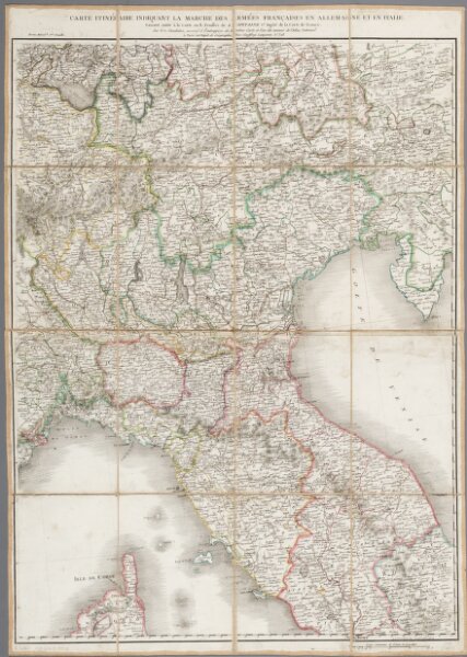 Carte itinéraire indiquant la marche des armées Françaises en Allemagne et en Italie : faisant suite à la carte en 8 feuilles de L. Capitaine ... / par P.C. Chanlaire