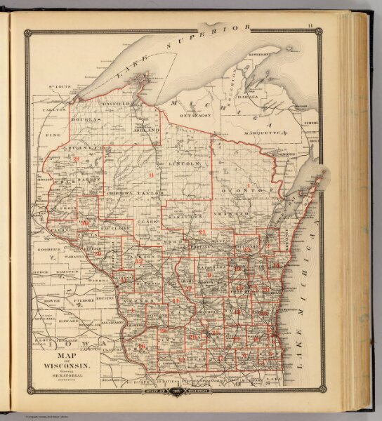 Map of Wisconsin showing senatorial districts.