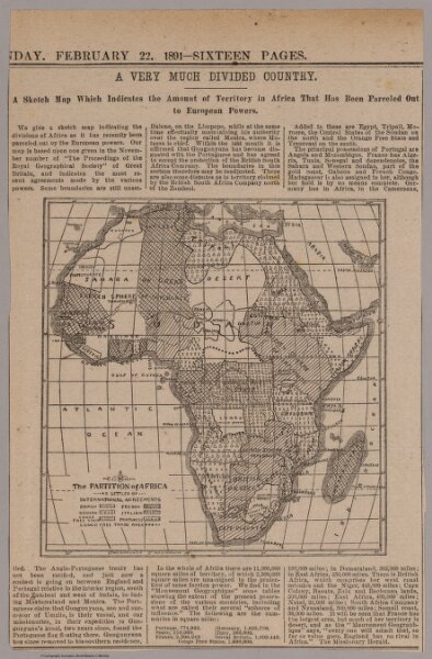 Newspaper Clipping with Map) A Very Much Divided Country (Africa).  The Partition of Africa.