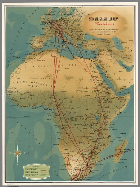 Suid-Afrikaanse Lugdiens Roetekaart.  (South African Airways Route Map).
