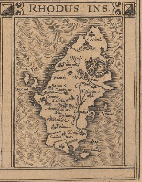 Rhodus Ins. [Karte], in: Gerardi Mercatoris Atlas, sive, Cosmographicae meditationes de fabrica mundi et fabricati figura, S. 523.
