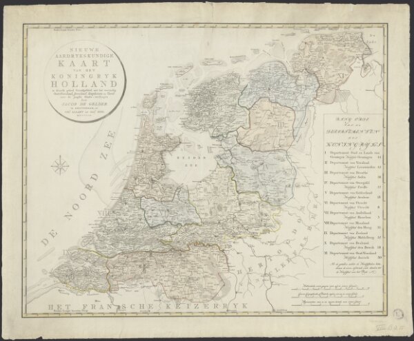 Nieuwe aardrykskundige kaart van het Koningryk Holland in deszelfs geheel grondgebied met het voormalig Oost-Friesland, Jeverland, Kniphuisen en Varel