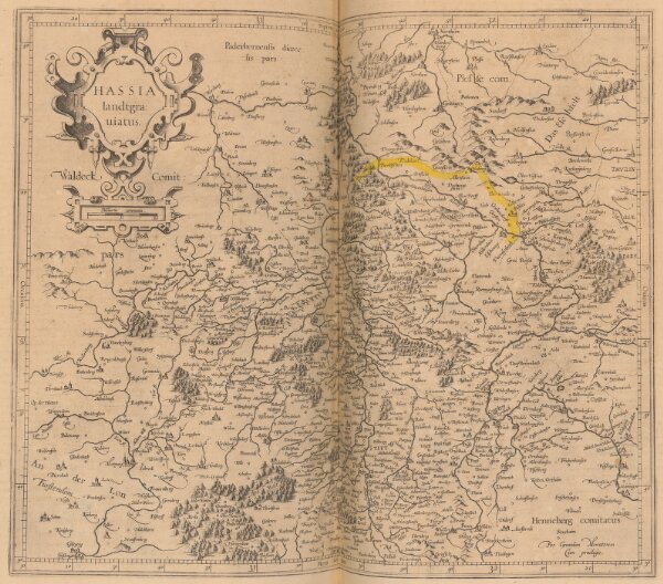 Hassia landtgraviatus. [Karte], in: Gerardi Mercatoris Atlas, sive, Cosmographicae meditationes de fabrica mundi et fabricati figura, S. 376.