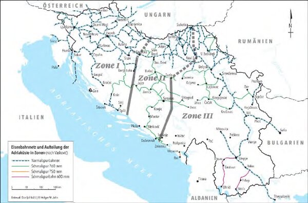 Eisenbahnnetz und Aufteilung der Adriaküste in Zonen (nach Vasković)