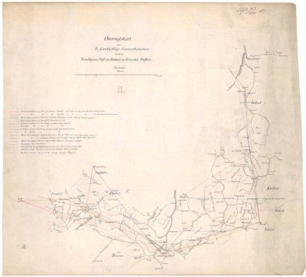 Spesielle kart 113-2: Oversigtskart over de forskjellige GrÃ¦nsealternativer mellem Trondhjems Stift og Hamar og Bergens Stifter