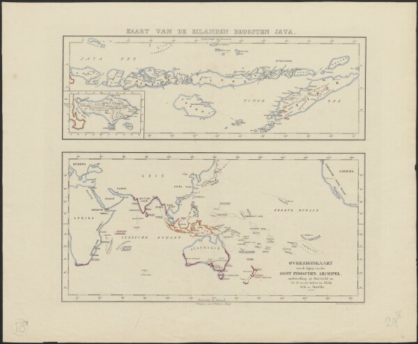 Kaart van de eilanden beoosten Java [and] Overzigtskaart voor de ligging van den Oost Indischen Archipel, met betrekking tot Australië en tot de naaste kusten van Afrika, Azië en Amerika