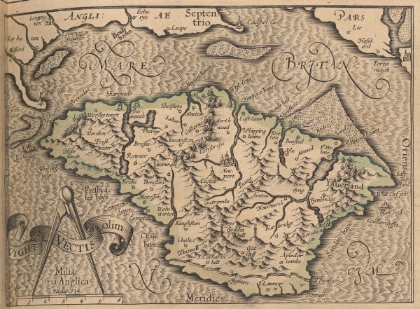Wight Vectis olim [Karte], in: Gerardi Mercatoris Atlas, sive, Cosmographicae meditationes de fabrica mundi et fabricati figura, S. 130.
