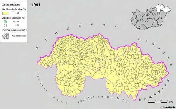 Siedlungsgebiet der Slowaken nach dem Nachbarschaftsindex für Nordost-Ungarn 1941