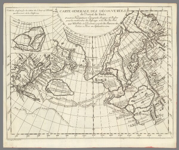 Carte Generale des Decouvertes de l'Amiral de Fonte et autres Navigateurs Espagnols, Anglois et Russes pour la recherche du Passage a la Mer du Sud