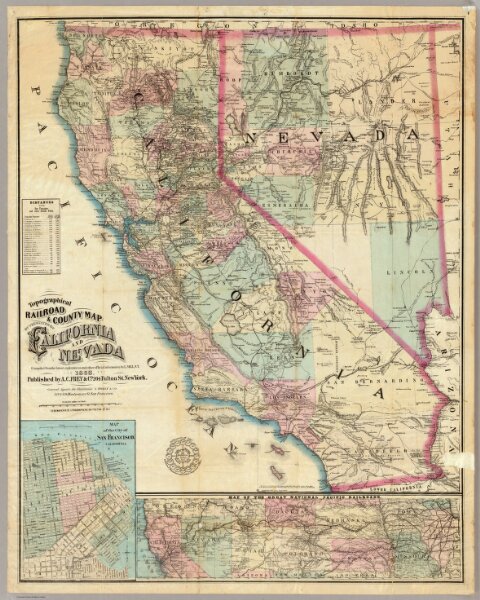 Topographical Railroad & County Map Of The States Of California And Nevada.