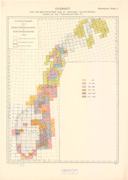 Spesielle kart 130-3: Oversigt over salg av rektangel- (gradavdelingskarter) pr. aar i tidsrummet 1910-15.