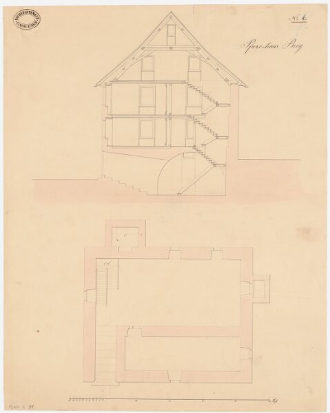 Berg am Irchel: Pfarrhaus; Querschnitt und Grundriss des Kellers (Nr. 6)