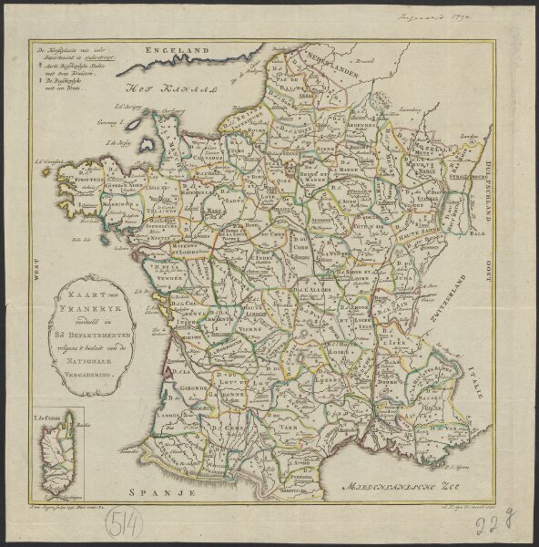 Kaart van Frankryk verdeeld in 83 departementen volgens 't besluit van de Nationale Vergadering