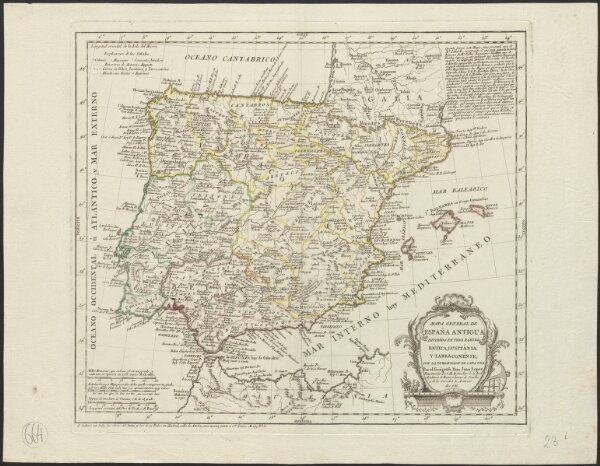 Mapa general de España Antiqua, dividido en tres partes, Bética, Lusitánia y Tarraconénse, con la subdivision de cada una