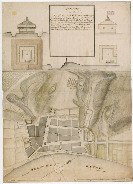 PLAN of the CITY of ALBANY with the Designs for Securing it by the Addition of a Ditch, and Rampart; with Detached Redouts or Block houses to take Possesion of the Commanding Grounds round the Town, also Shewing the proposed Barracks for 640 Men, Hospital for 400 Sick, and Magasines for Provisions.