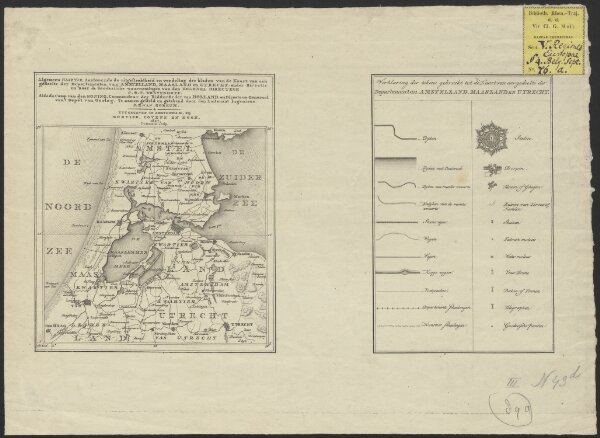 Algemeen kaartje, aantonende de uitgestrektheid en verdeling der bladen van de Kaart van een gedeelte der Departementen van Amstelland, Maasland en Utrecht