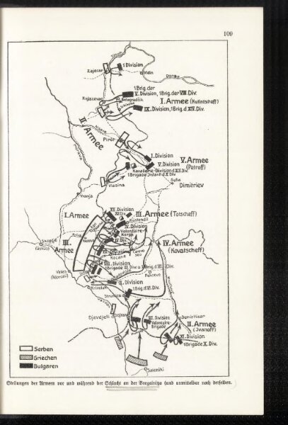 Stellungen der Armeen vor und während der Schlacht an der Bregalnica (und unmittelbar nach derselben)