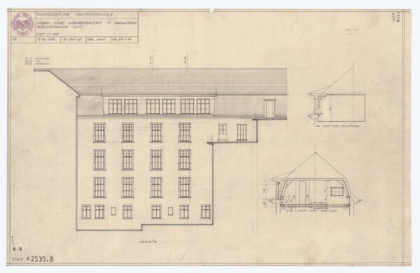 Kantonsschule Zürich, Rämistrasse 76: Einbau eines Laboratoriums im Dachstock: Rückfassade und Schnitte