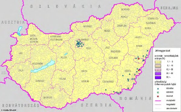 A románok száma és aránya Magyarország területén (2001) és kisebbségi önkormányzataik (2004)