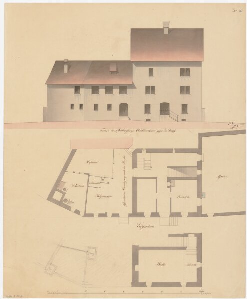 Steinmaur: Pfarrhaus; Grundrisse des Kellers und des Erdgeschosses und Ansicht (Nr. 6)