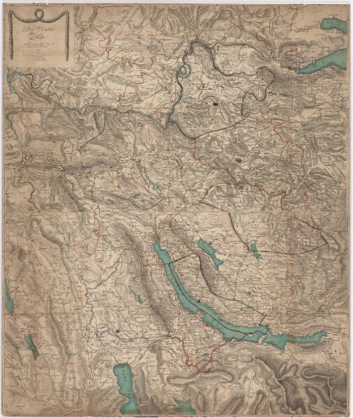 Karte des Kantons Zürich nebst einem Teil der angrenzenden Kantone, mit Einzeichnung der Bezirksgrenzen