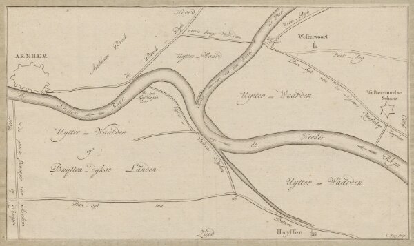 [Map of the bifurcation of the Lower Rhine and IJssel near Westervoort]