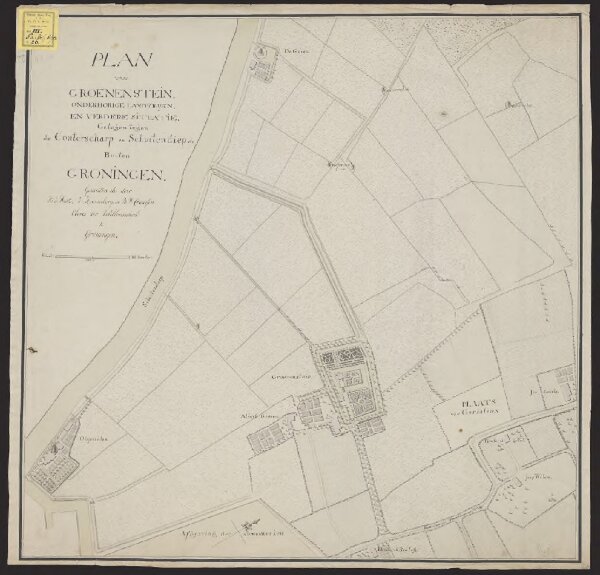 Plan van Groenenstein, onderhorige landerijen en verdere situatie, gelegen tegen de Conterscharp en Schuitendiep etc. buiten Groningen