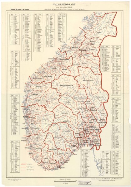 Spesielle kart 78:  Valgkredskart over det sydlige Norge visende Herreds og Valgkredsinddeling...