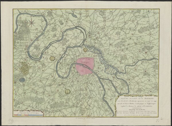 Nieuwe kaart van de buitenstreeken van Parys : meetkundig opgenomen in 1792 en 1793 met alle de nieuwe sterkten, verschansingen en versperringen tusschen de rivieren de Seine en de Marne