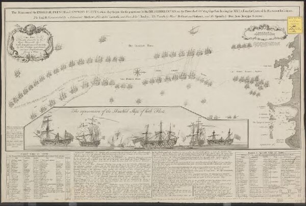 The situation of the English, French and Spanish fleets, when they begun the engagements in the Mediterranean, on the eleventh of Feby. 1743-4 [= 1744]: Cape Sicie bearing then N.N.E. & from the center of the fleet about ten leagues ...